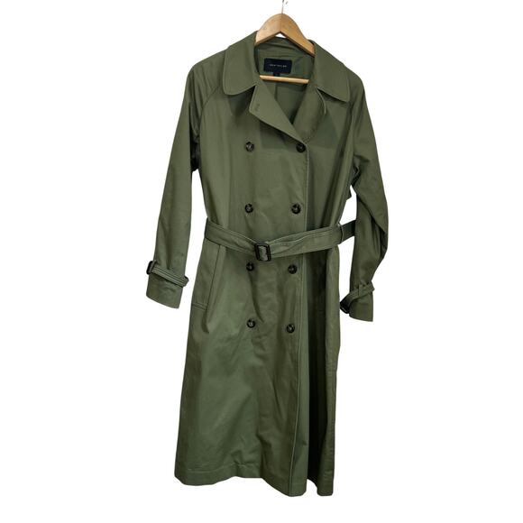 Ann Taylor Olive Belted Trench Coat SZ S Classic Double Breasted Cotton Blend - Picture 2 of 11